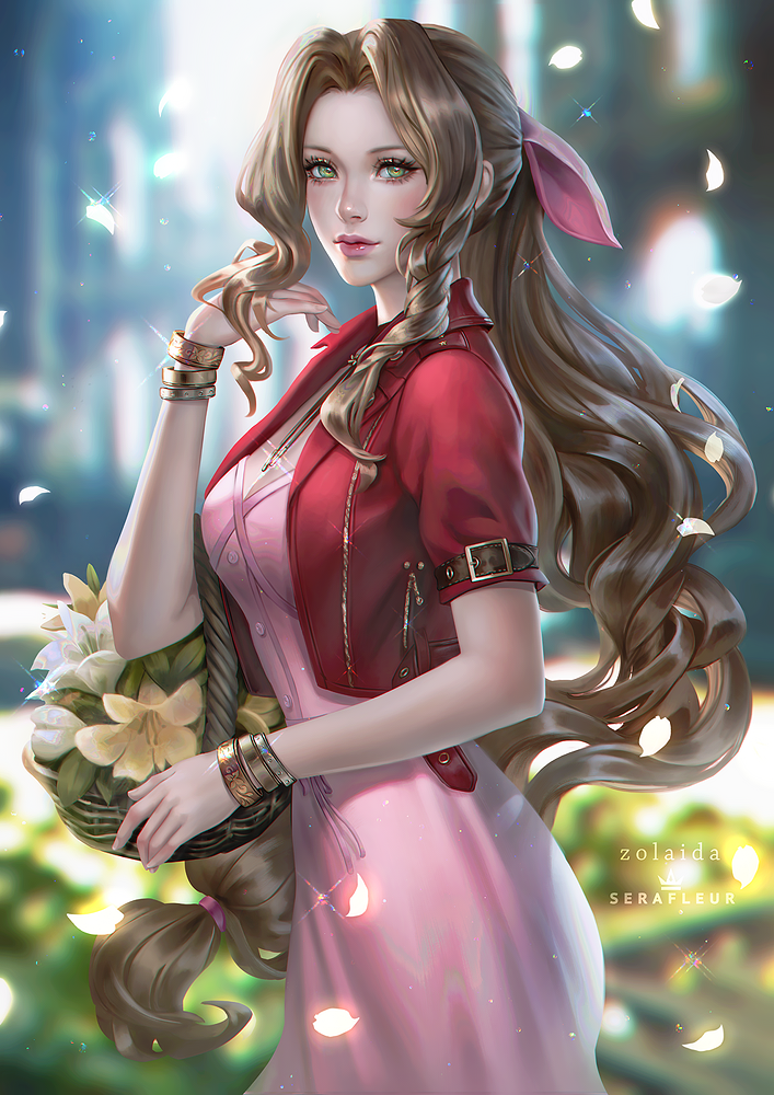 1girl, abigail_diaz, aerith_gainsborough, artist_name, bangs, basket, brown_hair, commentary
