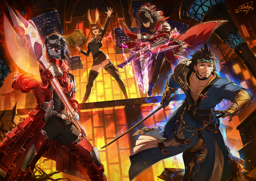1girl, 3boys, animal_ears, arm_up, armor, armored_boots, au_ra, aura