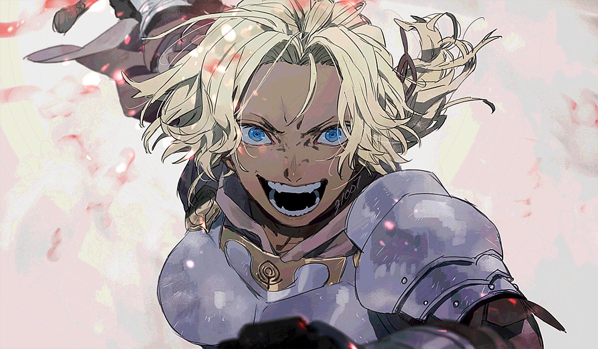 07_9l0, 1girl, armor, blonde_hair, blue_eyes, catherine_(fire_emblem), dark_skin, fire_emblem, fire_emblem:_three_houses, gloves, long_hair, open_mouth, solo, upper_body