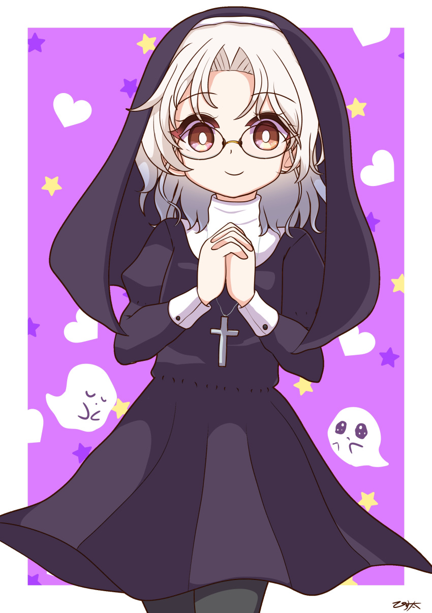 1girl, absurdres, black_legwear, brown_eyes, cross, cross_necklace, ghost, glasses, habit, hands_together, heart, highres, hirato_(kantai_collection), jewelry, kantai_collection, looking_at_viewer, necklace, nun, pantyhose, pista_land, purple_background, short_hair, silver_hair, sleeve_cuffs, solo, star_(symbol)