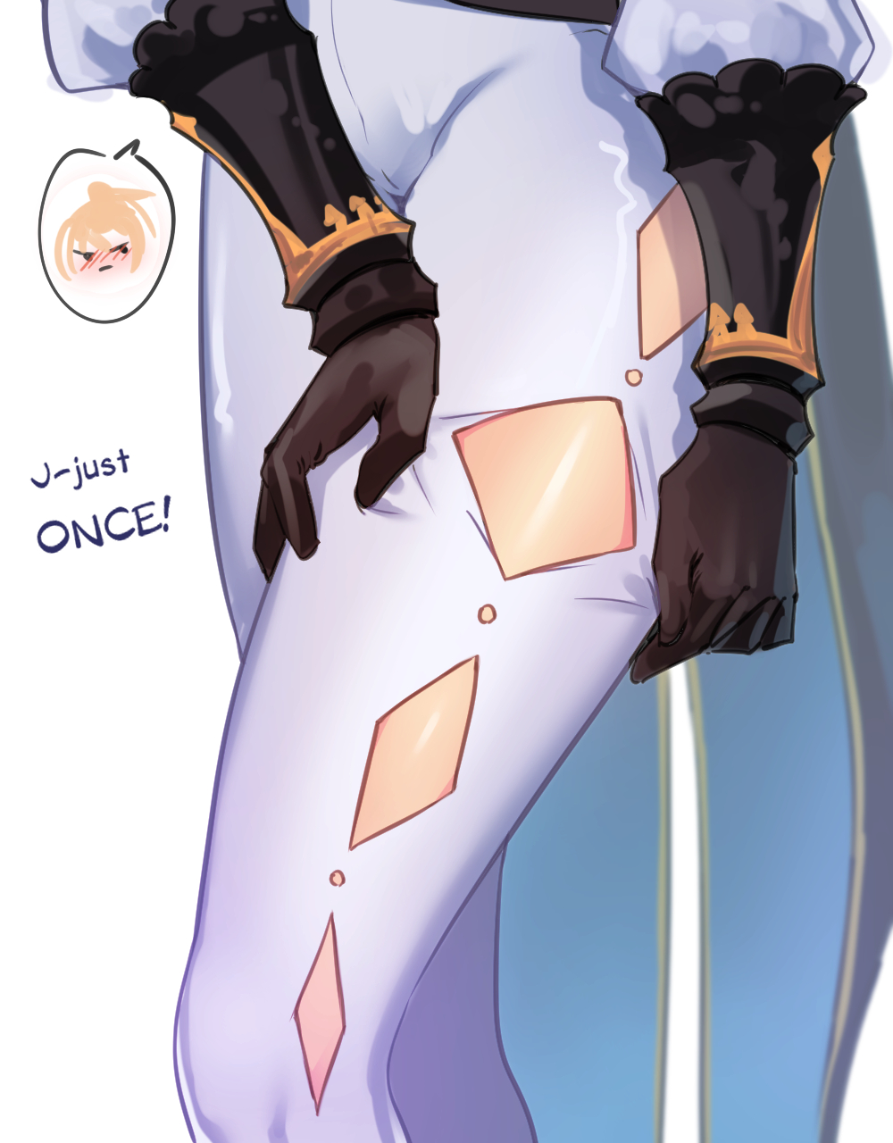 1girl, adjusting_clothes, black_gloves, blush, cape, clothing_cutout, diamond_cutout, english_text