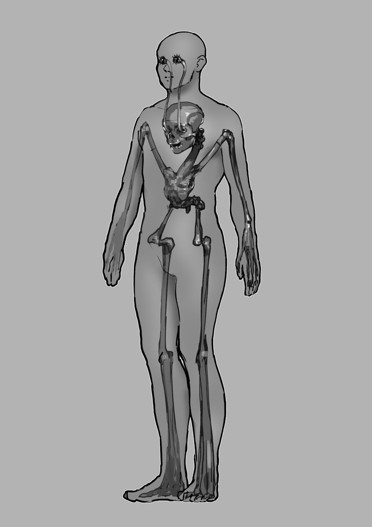 1other, anatomy, closed_mouth, cursed_fall_guy_(meme), fall_guys, full_body, grey_background, greyscale, horror_(theme), meme, monochrome, original, ribs, shi_ha_chi, simple_background, skeleton, skull, standing, what, x-ray