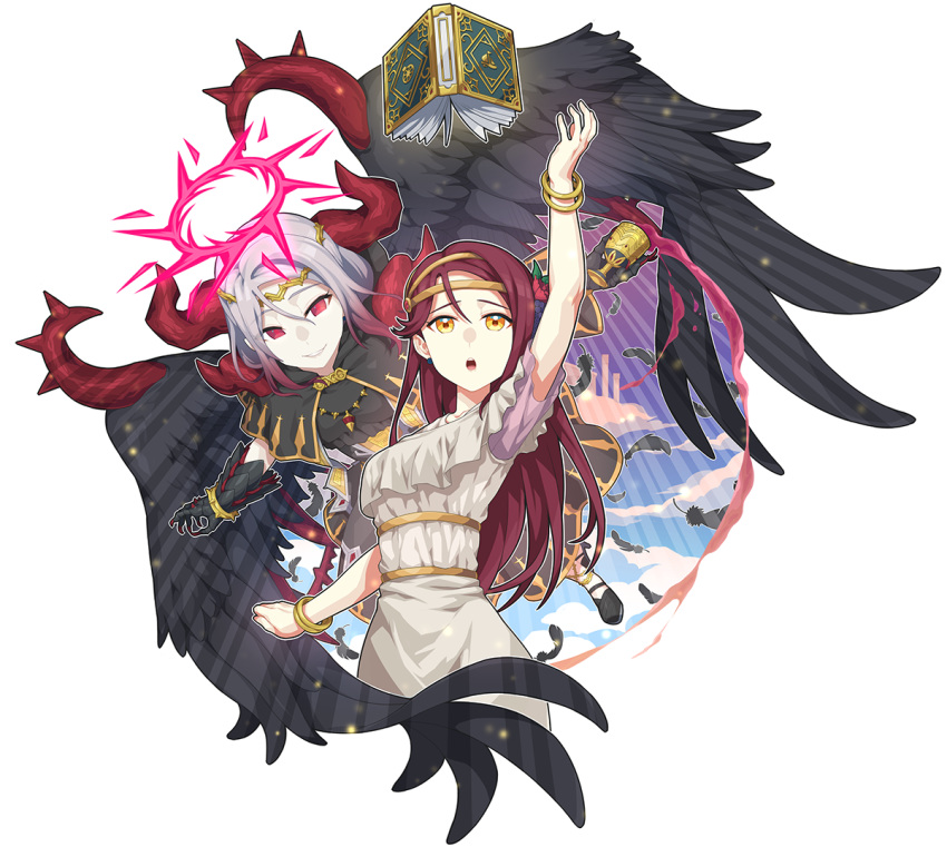 1girl, 2girls, black_feathers, black_wings, book, bracelet, clouds, condemned_darklord, condemned_darklord_(cosplay), condemned_maiden, condemned_maiden_(cosplay), cosplay, fallen_angel, gauntlets, goblet, gradient_hair, grin, hair_between_eyes, hair_ornament, halloween, halo, horns, jewelry, long_hair, love_live!, love_live!_sunshine!!, multicolored_hair, multiple_girls, necklace, open_mouth, red_sclera, redhead, sakurauchi_riko, short_hair, sky, smile, spill, toga, white_background, wings, yellow_eyes, yu-gi-oh!