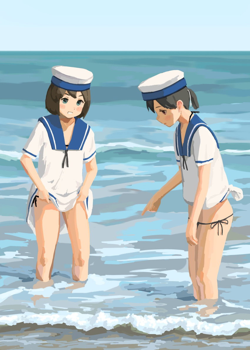 2girls, bangs, black_hair, black_panties, blush, brown_hair, daitou_(kantai_collection), day, dress, hat, hiburi_(kantai_collection), highres, kantai_collection, multiple_girls, ocean, outdoors, panties, partially_submerged, ponytail, sailor_collar, sailor_dress, sailor_hat, short_hair, short_ponytail, short_sleeves, side-tie_panties, sky, tied_dress, titanium_hrk, underwear, water, white_dress, white_headwear