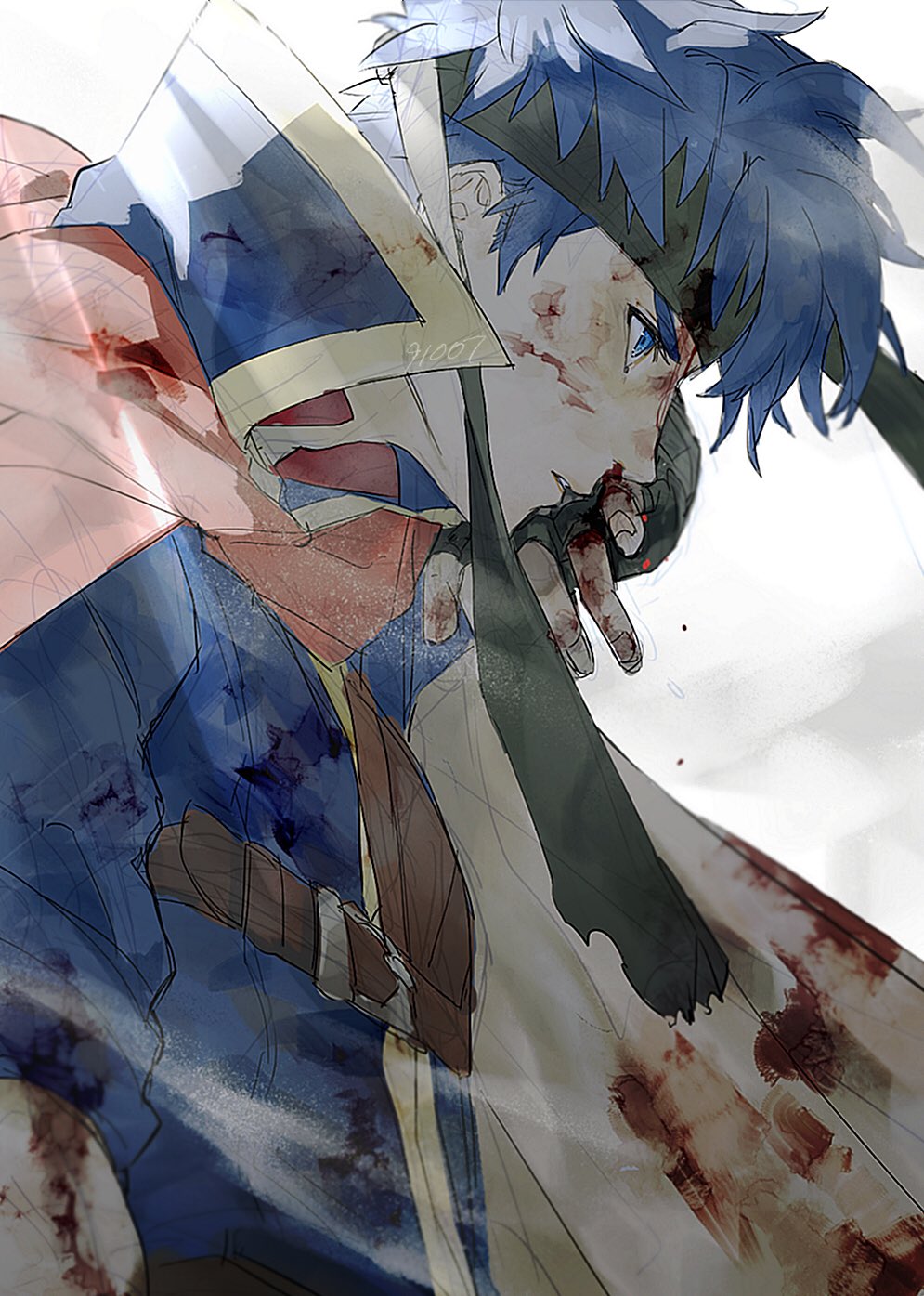 07_9l0, 1boy, blood, blood_on_face, bloody_clothes, blue_eyes, blue_hair, cape, fingerless_gloves, fire_emblem, fire_emblem:_path_of_radiance, from_side, gloves, headband, highres, ike_(fire_emblem), male_focus, profile, signature, simple_background, solo, upper_body