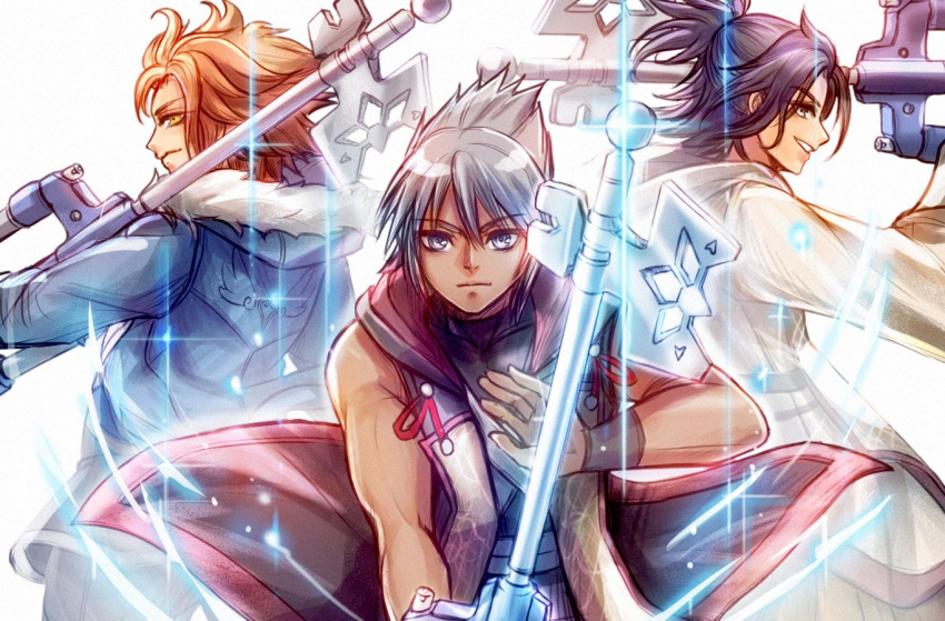 3boys, bare_arms, black_hair, bragi_(kingdom_hearts), coat, commentary, dark_skin, eraqus
