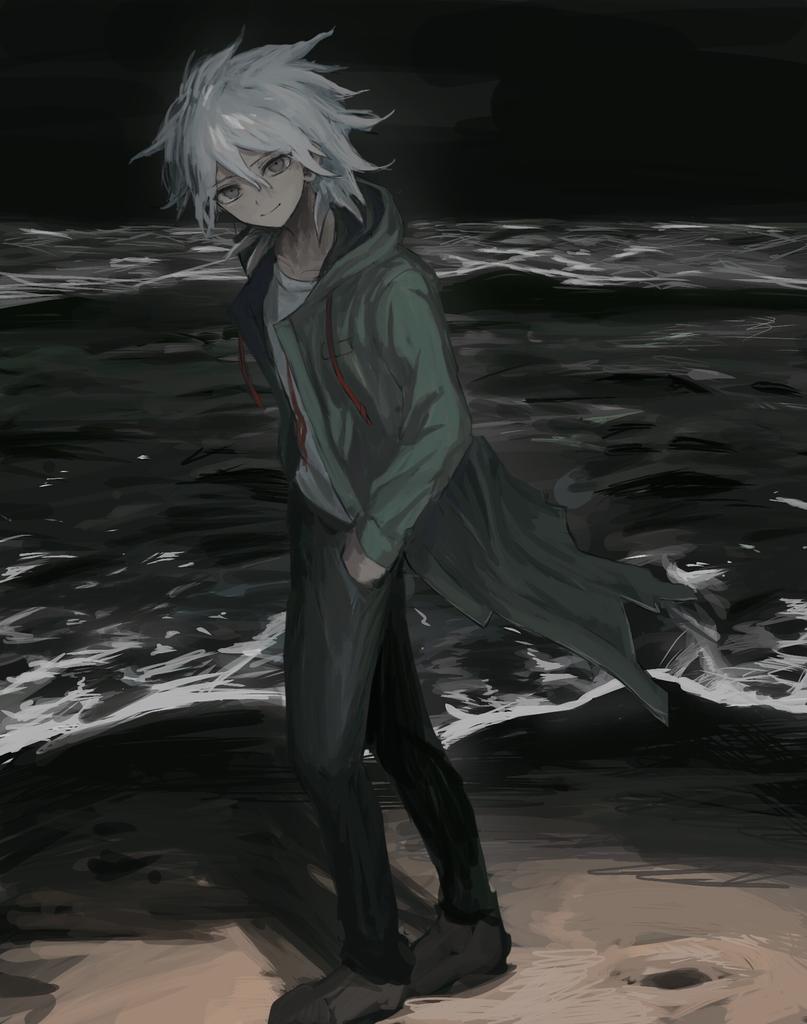 1boy, ako_(td110349-7517), bangs, black_pants, closed_mouth, dangan_ronpa, green_jacket, hair_between_eyes