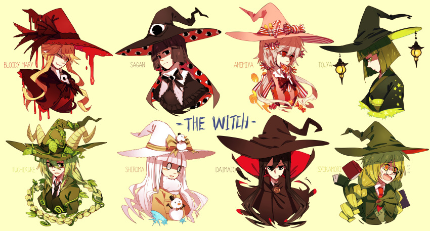 6+girls, absurdres, bangs, black_bow, black_eyepatch, black_feathers, black_hair, black_headwear