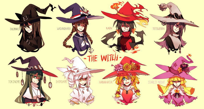 6+girls, absurdres, anchor, anchor_hat_ornament, anchor_ornament, animal_ears, bangs, belt, black_eyes, black_hair, black_headwear, blonde_hair, blue_eyes, blue_headwear, blunt_bangs, blush_stickers, bow, braid, brown_hair, character_name, clock, clock_necklace, closed_eyes, closed_mouth, dress, drill_hair, english_text, fire, flower, gears, goggles, goggles_on_headwear, green_eyes, green_hair, hair_between_eyes, hair_ornament, hat, hat_ornament, highres, jewelry, knifedragon, long_hair, matches, medium_hair, multiple_girls, necklace, one_eye_closed, open_mouth, orange_flower, orange_hair, original, parted_lips, petals, pink_flower, pointy_ears, purple_hair, purple_headwear, red_bow, red_eyes, red_flower, sailor_dress, shaded_face, simple_background, slit_pupils, smile, star_(symbol), star_hair_ornament, star_hat_ornament, star_ornament, striped, striped_bow, sunflower, turtleneck, twin_braids, twintails, upper_body, violet_eyes, white_bow, white_hair, white_headwear, white_neckwear, witch, witch_hat, yellow_background, yellow_eyes, yellow_flower