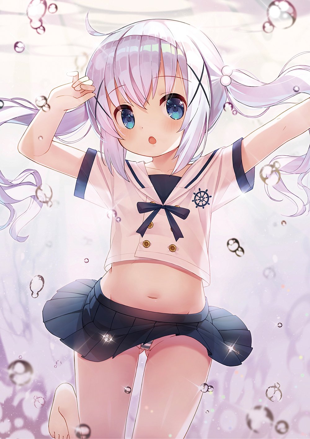 1girl, arms_up, ass_visible_through_thighs, barefoot, blue_eyes, blue_hair, blue_skirt, crop_top