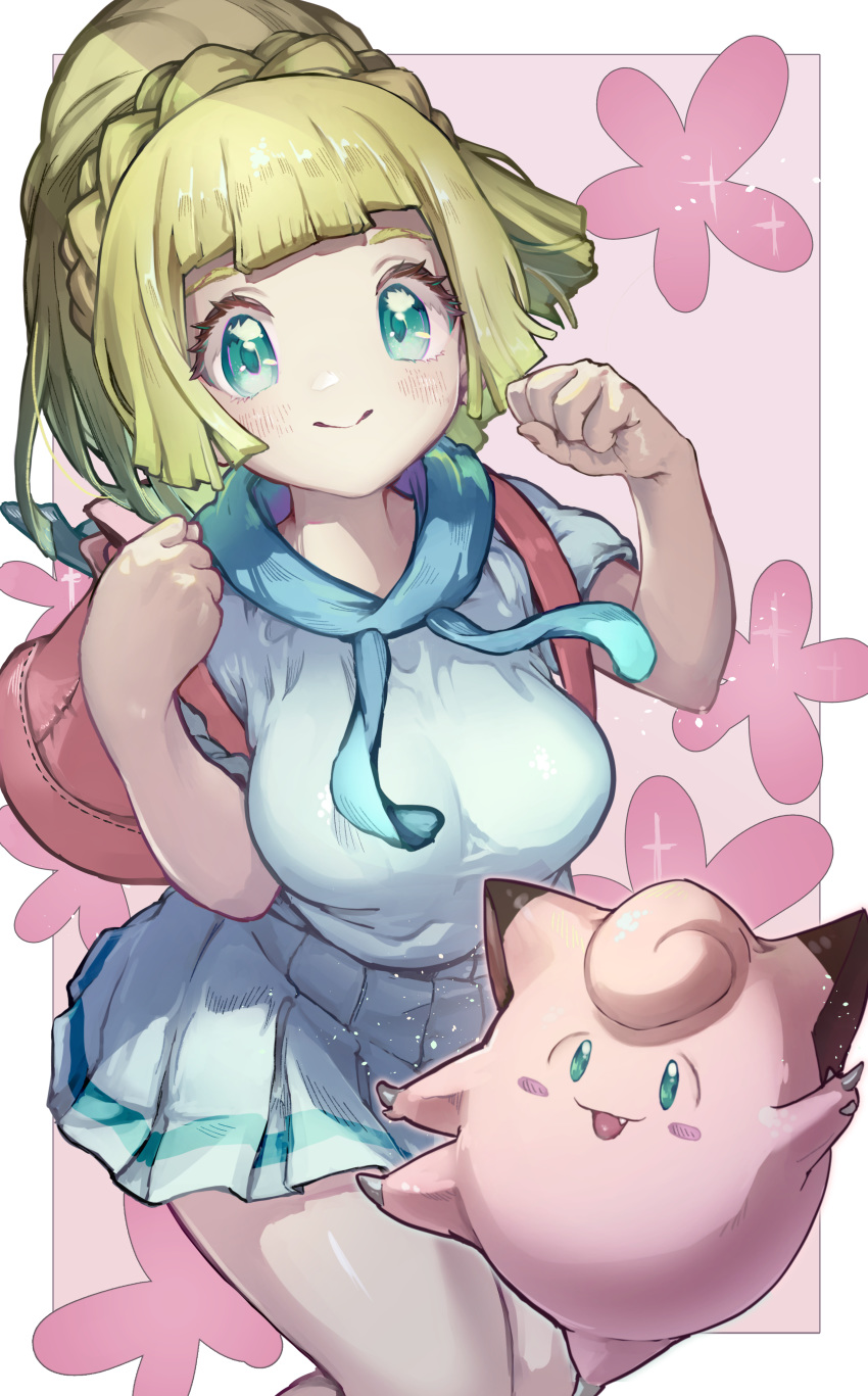 1girl, absurdres, backpack, bag, bangs, blonde_hair, blunt_bangs, blush