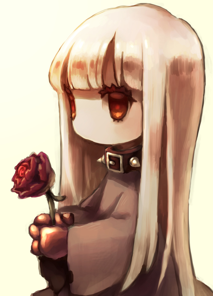 1girl, collar, dress, eye_(okame_nin), flower, grey_background, grey_dress, highres, holding, holding_flower, long_hair, long_sleeves, no_mouth, okame_nin, original, rags, red_eyes, red_flower, red_rose, rose, solo, spiked_collar, spikes, white_hair, white_skin, wide_sleeves