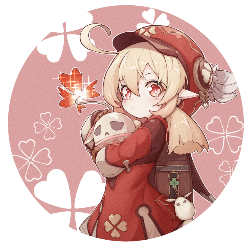 1girl, ahoge, backpack, bag, blonde_hair, eyebrows_visible_through_hair, feathers, genshin_impact