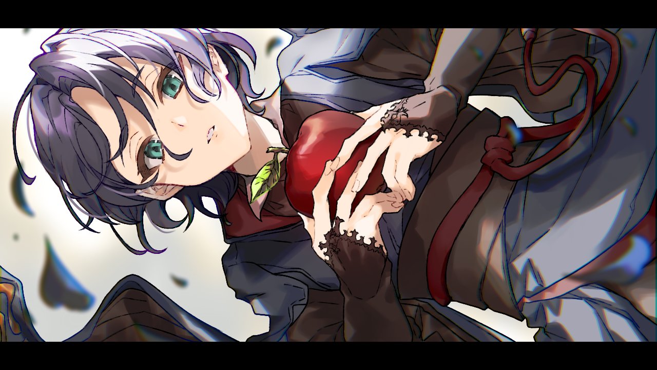 1boy, apple, bangs, blue_eyes, collared_shirt, epel_felmier, fingerless_gloves, food