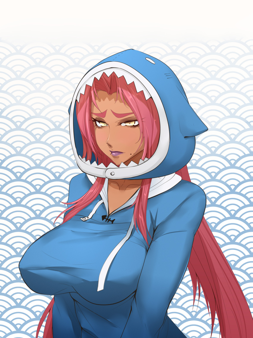 animal_hood, animegao, blue_hoodie, breasts, cosplay, dark_skin, eyebrows, gawr_gura, gawr_gura_(cosplay), highres, hololive, hololive_english, hood, huge_breasts, ingrid_(taimanin_murasaki), kigurumi, lipstick, makai_kishi_ingrid, makeup, mole, mole_under_mouth, nofuture, pink_hair, purple_lipstick, shark_costume, shark_hood, taimanin_(series), taimanin_murasaki, tan, thick_eyebrows