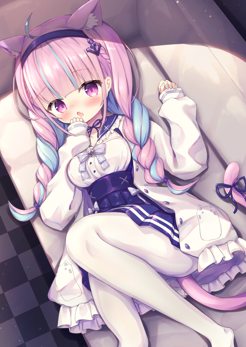 1girl, absurdres, ahoge, anchor_hair_ornament, animal_ear_fluff, animal_ears, bangs, blue_hair, blue_ribbon, blue_sailor_collar, blue_skirt, blush, braid, breasts, cat_ears, cat_girl, cat_tail, checkered, checkered_floor, commentary_request, eyebrows_visible_through_hair, fang, feet_out_of_frame, frilled_jacket, frilled_sailor_collar, frills, green_nails, hair_ornament, hairband, high-waist_skirt, highres, hololive, jacket, large_breasts, long_hair, long_sleeves, looking_at_viewer, lying, minato_aqua, multicolored_hair, nail_polish, no_shoes, on_side, open_clothes, open_jacket, pantyhose, parted_lips, pink_hair, pleated_skirt, purple_hairband, ribbon, sailor_collar, shirt, skirt, sleeves_past_wrists, solo, streaked_hair, suspender_skirt, suspenders, tail, tail_raised, tail_ribbon, twin_braids, twintails, violet_eyes, virtual_youtuber, waste_(arkaura), white_jacket, white_legwear, white_shirt
