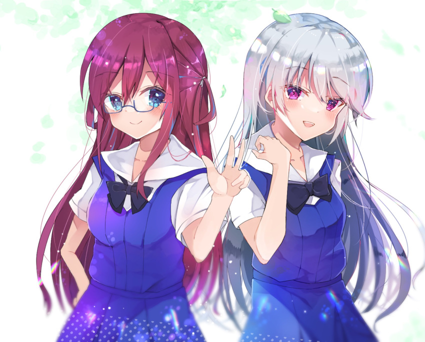 2girls, black_bow, blue_eyes, bow, bowtie, dress, glasses, grisaia_(series), grisaia_no_kajitsu, highres, kazami_kazuki, leaf, long_hair, looking_at_viewer, multiple_girls, nanakusa_miya, redhead, school_uniform, sidelocks, silver_hair, smile, suou_amane, violet_eyes, w