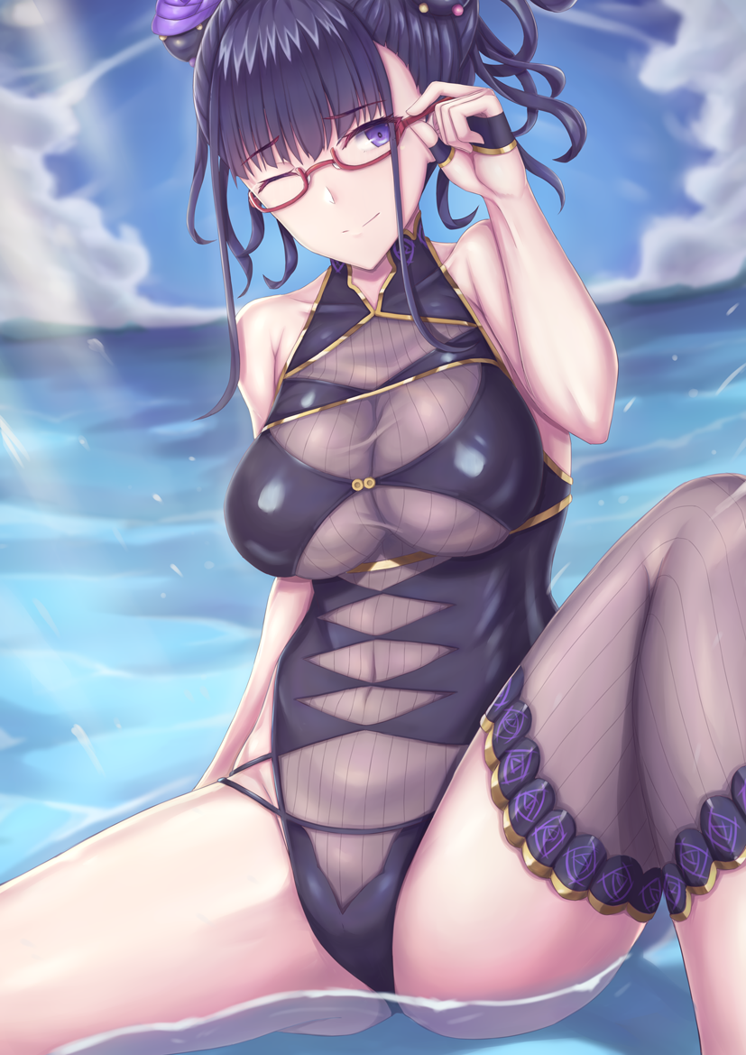 1girl, armlet, bangs, bare_shoulders, black_gloves, black_swimsuit, blue_sky, blush, breasts, covered_navel, fate/grand_order, fate_(series), fingerless_gloves, flower, glasses, gloves, gold_trim, hair_flower, hair_ornament, hair_up, half_gloves, highleg, highleg_swimsuit, knee_up, large_breasts, long_hair, looking_at_viewer, murasaki_shikibu_(fate), murasaki_shikibu_(swimsuit_rider)_(fate), ocean, ohguro_mariya, one-piece_swimsuit, one_eye_closed, purple_hair, sky, smile, swimsuit, thighs, tied_hair, violet_eyes