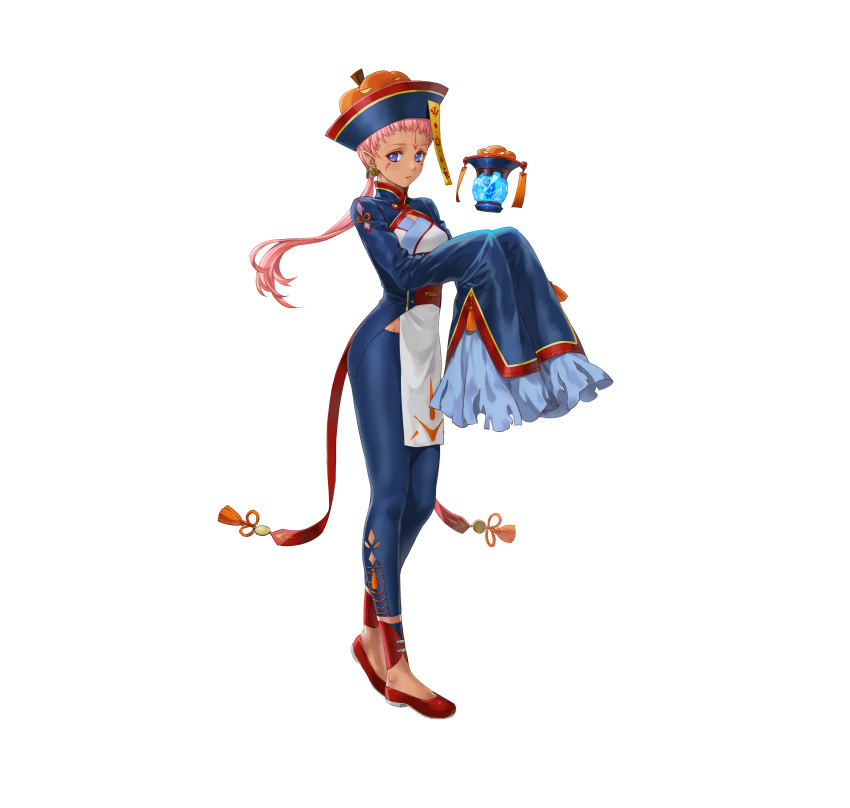 1girl, absurdres, alternate_costume, blue_eyes, chinese_clothes, closed_mouth, commentary_request, detached_sleeves, earrings, ena_(fire_emblem), facial_mark, fire_emblem, fire_emblem:_path_of_radiance, fire_emblem:_radiant_dawn, fire_emblem_heroes, floating, floating_object, forehead_mark, full_body, halloween_costume, hat, highres, jewelry, jiangshi_costume, kaya8, long_hair, long_sleeves, looking_at_viewer, official_art, ofuda, pelvic_curtain, pink_hair, pointy_ears, ponytail, qing_guanmao, red_footwear, shoes, sleeves_past_wrists, solo, standing, talisman, tied_hair, white_background, wide_sleeves