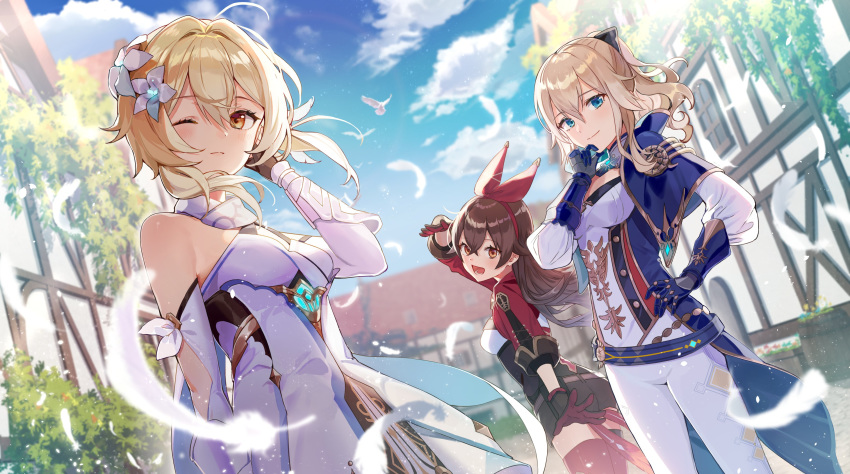3girls, :d, absurdres, ahoge, amber_(genshin_impact), animal, bangs, bare_shoulders, belt, bird, blonde_hair, blue_eyes, breasts, brown_hair, clouds, crossed_bangs, day, detached_sleeves, dress, feathers, female_traveler_(genshin_impact), flower, gauntlets, genshin_impact, gloves, hair_flower, hair_ornament, hair_ribbon, halter_dress, hand_up, highres, jam_(zamuchi), jean_(genshin_impact), lily_(flower), long_hair, looking_at_viewer, lumine_(genshin_impact), multiple_girls, official_art, one_eye_closed, open_mouth, orange_eyes, outdoors, pants, ponytail, ribbon, short_hair, short_shorts, shorts, shrug_(clothing), small_breasts, smile, thigh-highs, white_dress, white_pants