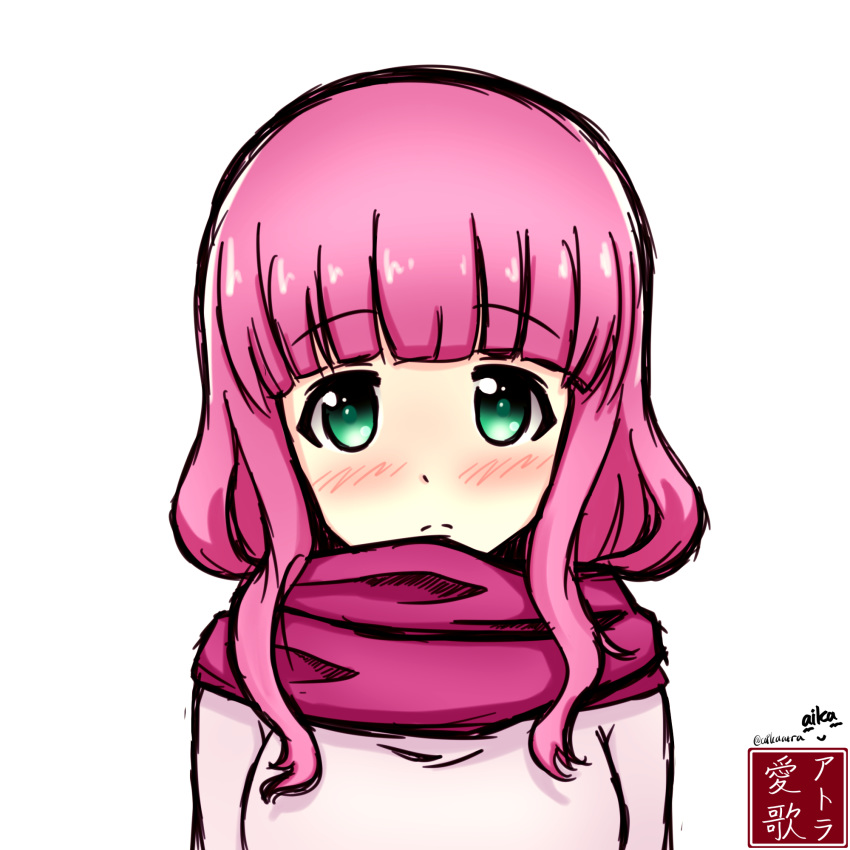 1girl, aikazilla, alternate_eye_color, alternate_hair_color, artist_name, bangs, blush, eyebrows_visible_through_hair, girls_und_panzer, green_eyes, highres, looking_at_viewer, pink_hair, scarf, takebe_saori, white_background