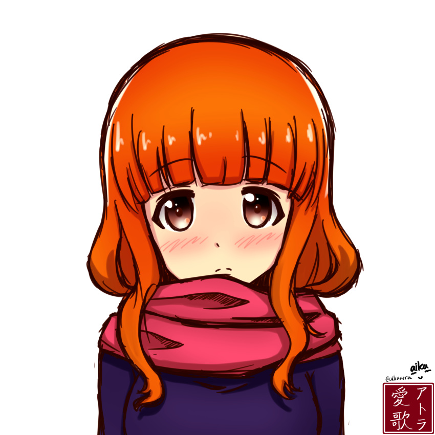 1girl, aikazilla, artist_name, bangs, blush, brown_eyes, eyebrows_visible_through_hair, girls_und_panzer