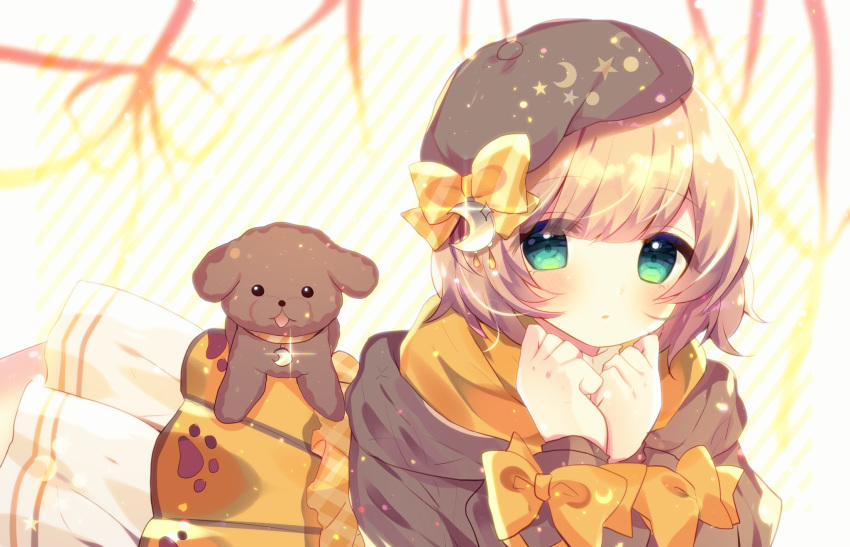 1girl, beret, blush, bow, brown_hair, crescent, dog, green_eyes