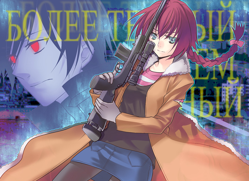 bow, braid, coat, darker_than_black, gloves, green_eyes, gun, hair_bow