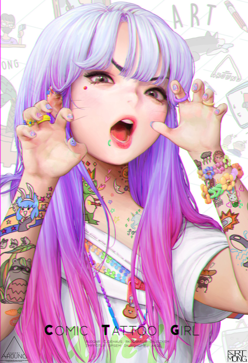 1girl, absurdres, artist_name, artmong, bangs, chromatic_aberration, claw_pose, english_commentary, english_text, grey_eyes, highres, looking_at_viewer, open_mouth, original, photoshop_(medium), solo, tattoo, v-shaped_eyebrows, violet_eyes