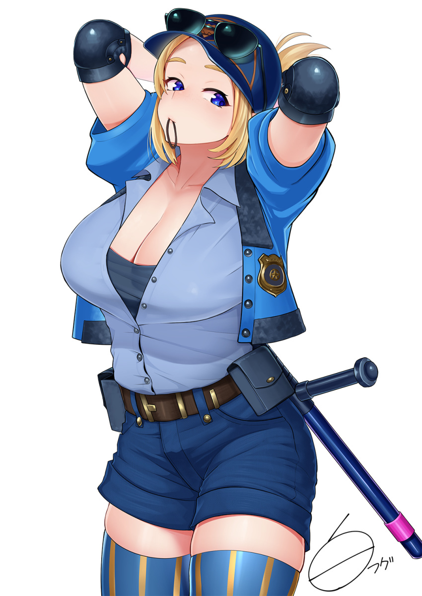 1girl, adjusting_hair, arms_behind_head, arms_up, baseball_cap, belt, blonde_hair, blue_belt