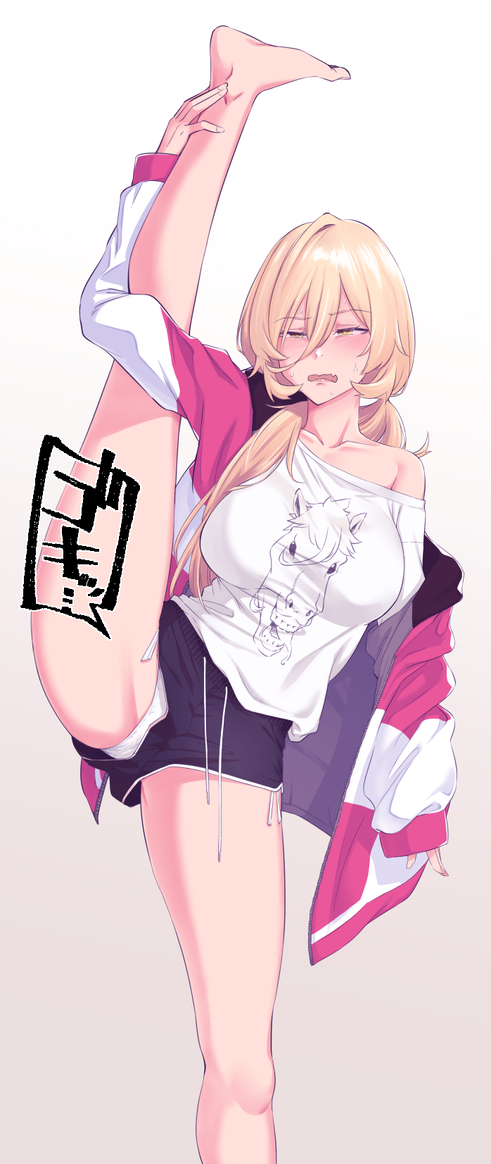 1girl, animal_print, bare_shoulders, barefoot, blonde_hair, blush, breasts, dolphin_shorts