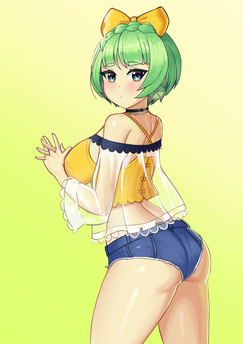 1girl, absurdres, ass, blue_eyes, blush, bob_cut, bow, braid, choker, crown_braid, cutoffs, denim, from_behind, green_hair, hair_bow, highres, hiroshi_(beolcoyote), last_origin, lime_earrings, looking_at_viewer, looking_back, micro_shorts, short_hair, shorts, tank_top, vanilla_a1
