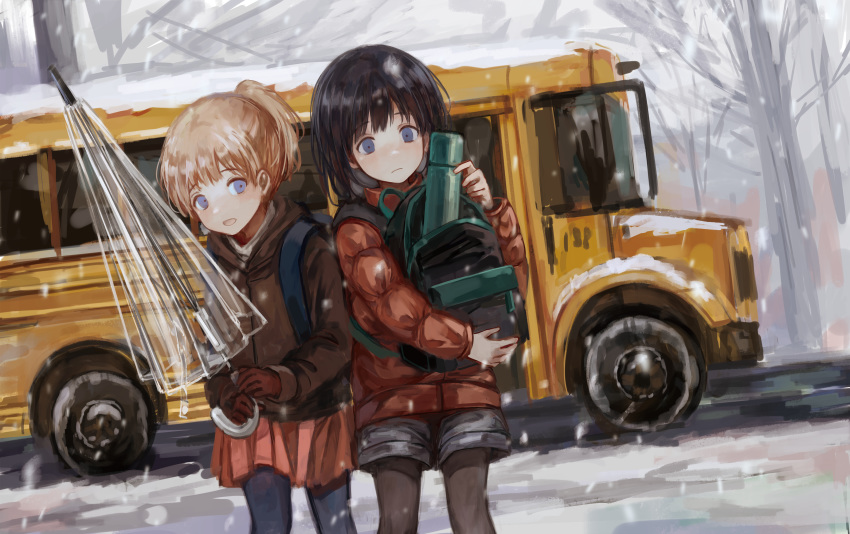 2girls, backpack, bag, black_legwear, blonde_hair, brown_hair, bus, coat