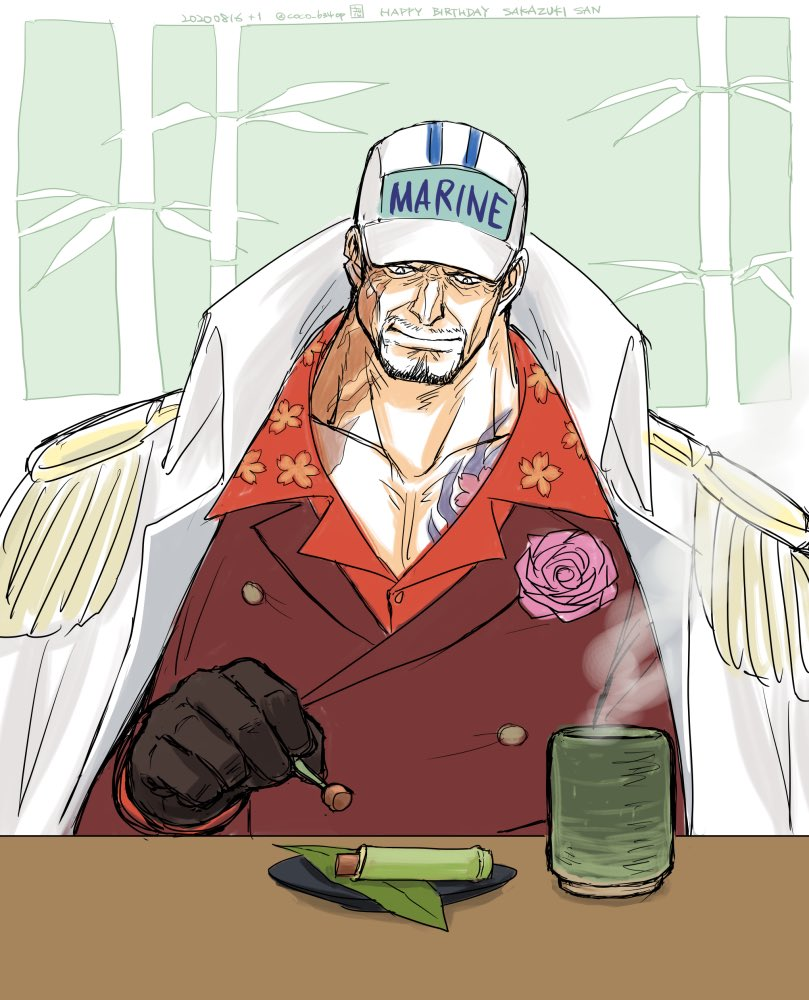 1boy, bamboo, black_hair, brown_gloves, chest, coat, cup, facial_hair, formal, gloves, hat, kokorozashi, leaf, looking_down, male_focus, mug, muscle, one_piece, plate, red_suit, sakazuki_(akainu), scar, short_hair, sketch, solo, suit, table, tattoo, upper_body