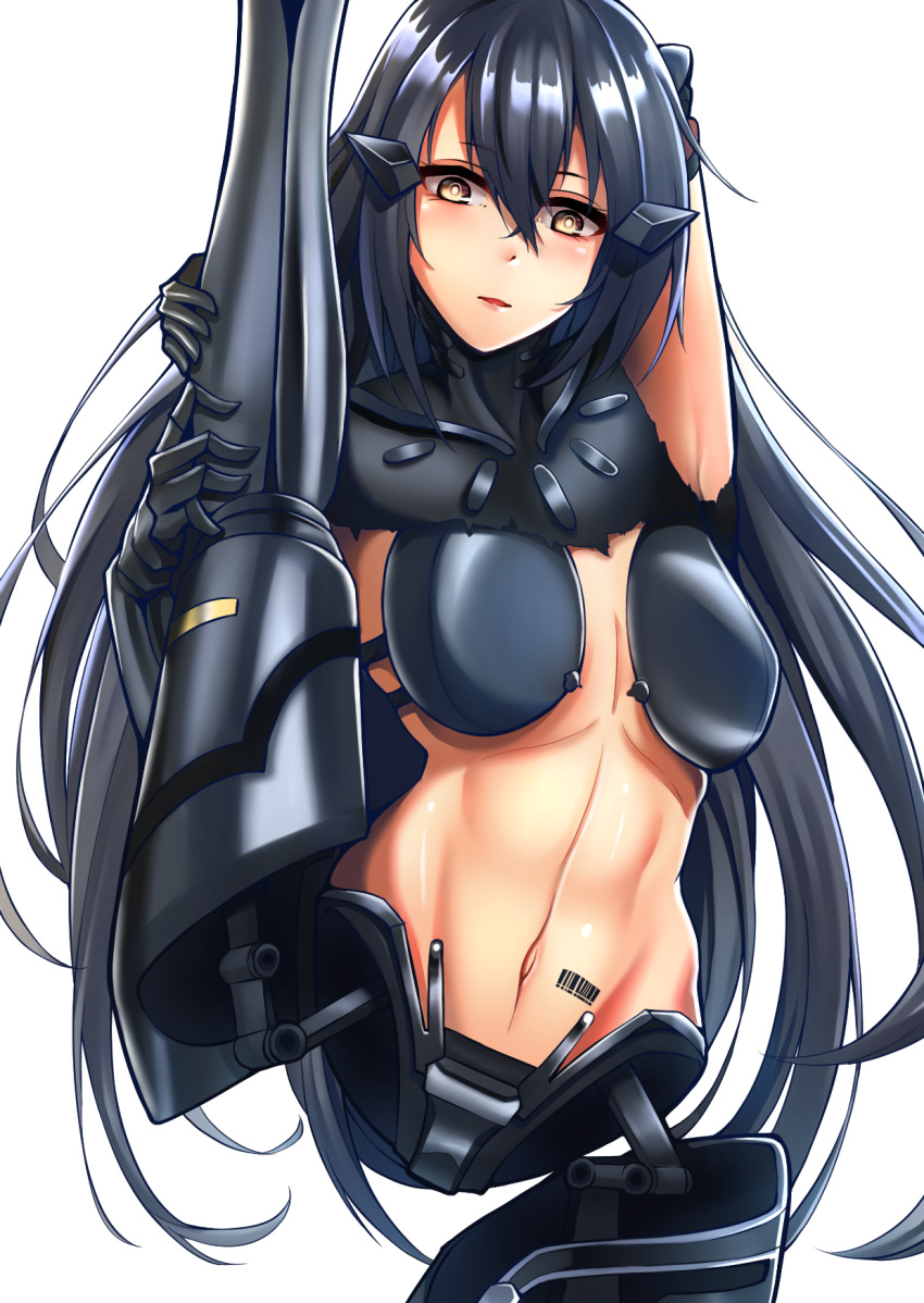 1girl, artificial_eye, barcode_tattoo, black_hair, blush, breasts, cyborg, dandelion_(girls_frontline)