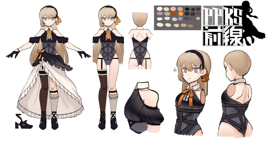 1girl, bangs, black_footwear, black_gloves, black_hairband, black_legwear, bow, breasts