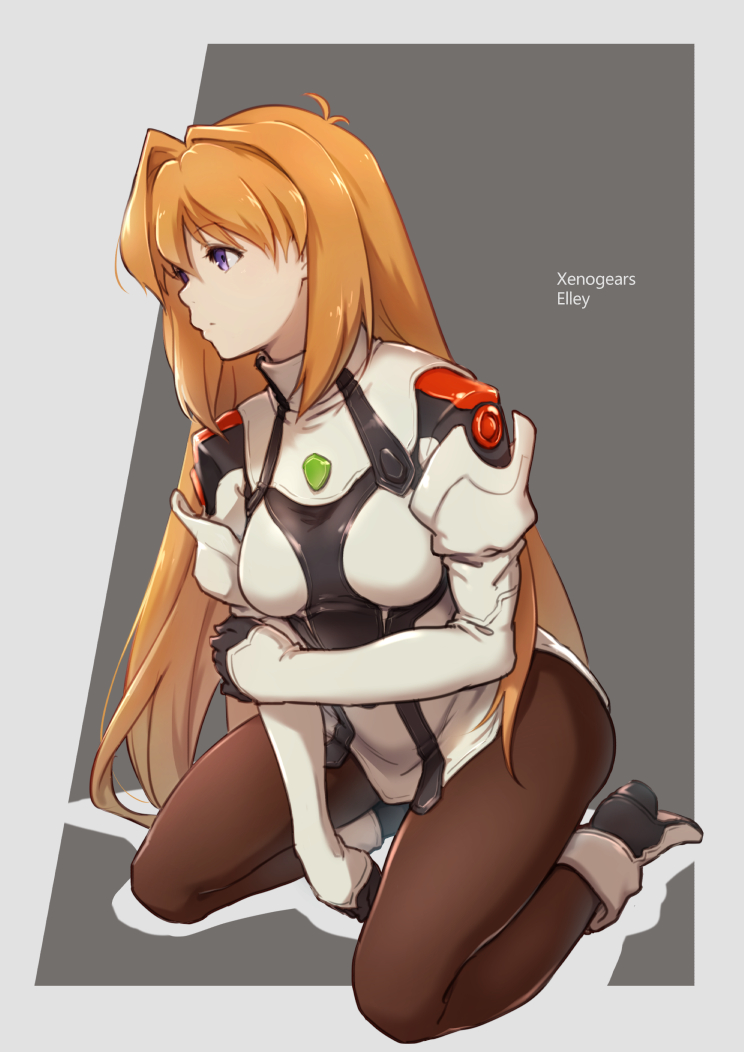 1girl, ankle_boots, bangs, between_legs, boots, breasts, brown_legwear, character_name