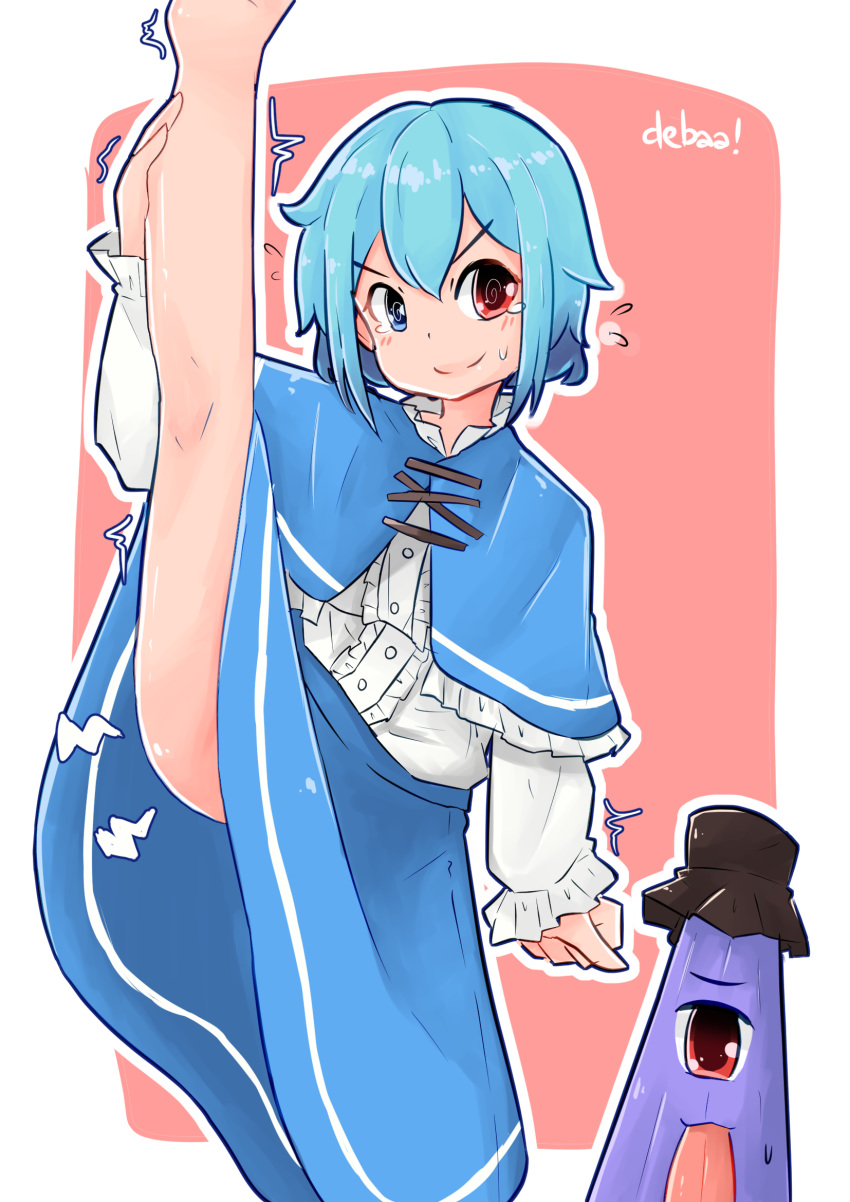 bangs, barefoot, blue_eyes, blue_hair, capelet, debaa, feet, flexible