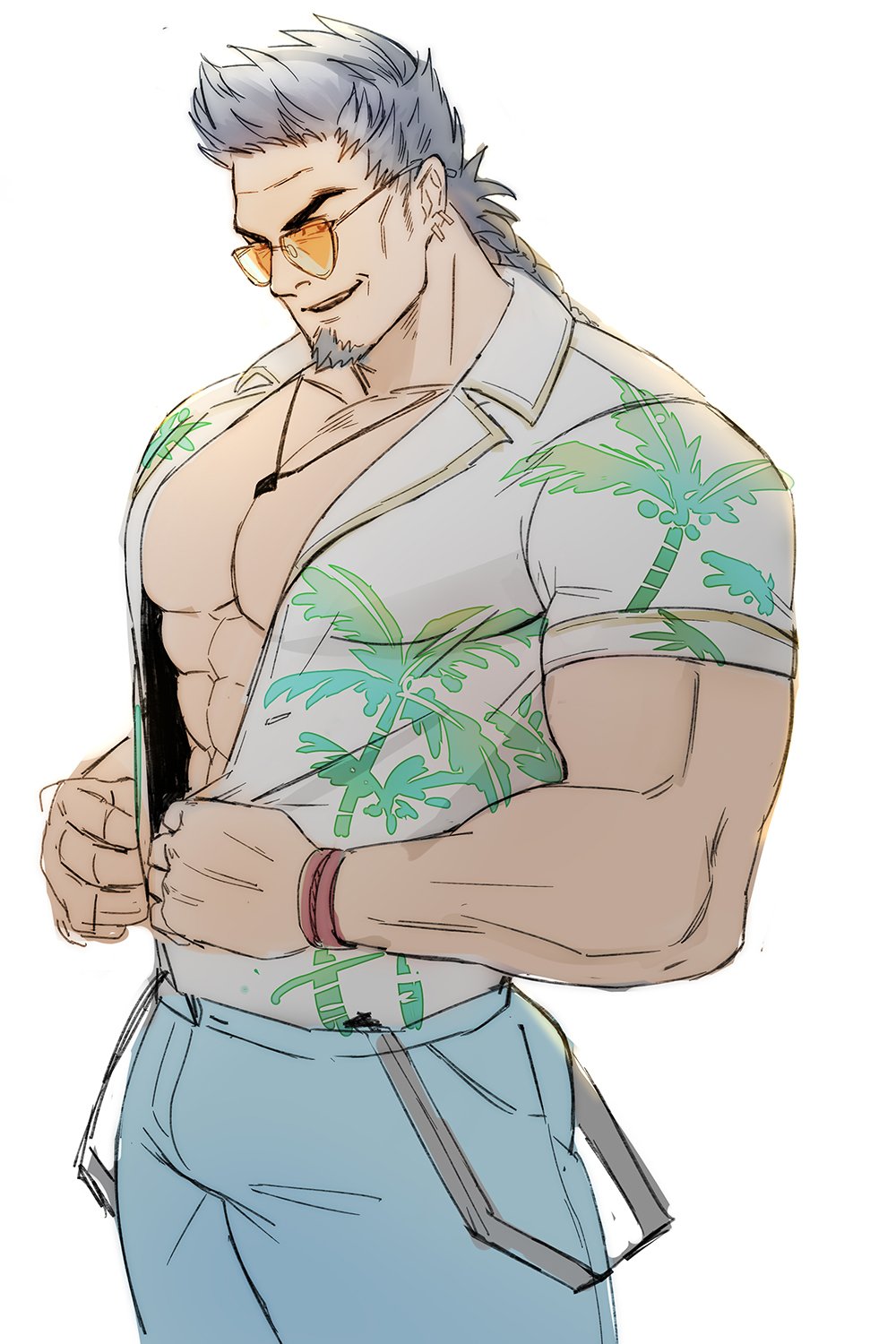1boy, abs, alternate_costume, arbbun, bara, between_pecs, blue_hair, bulge