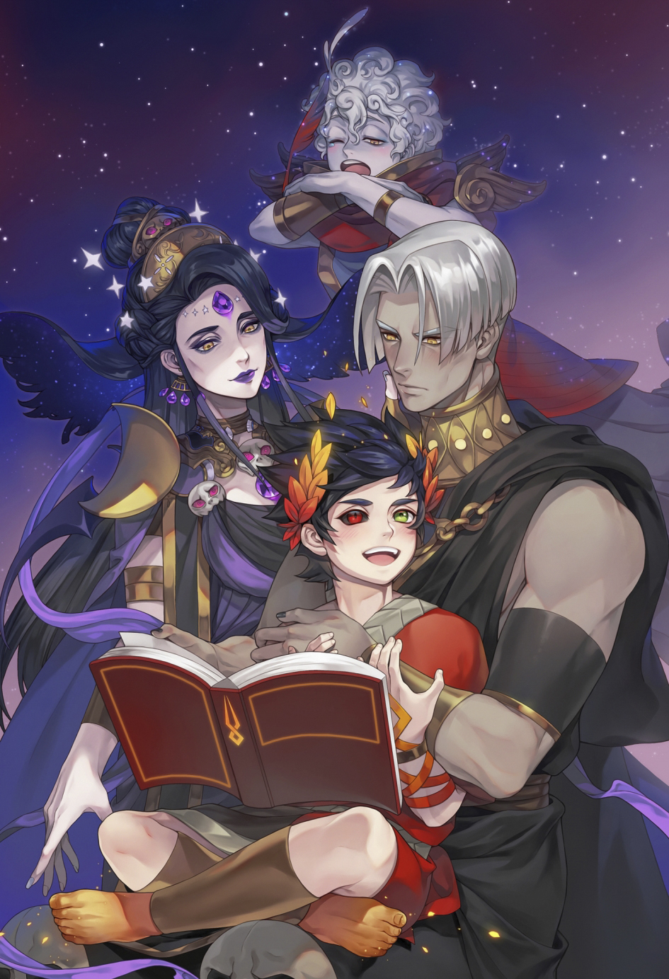 1girl, 3boys, :d, barefoot, black_hair, black_nails, book, crossed_ankles