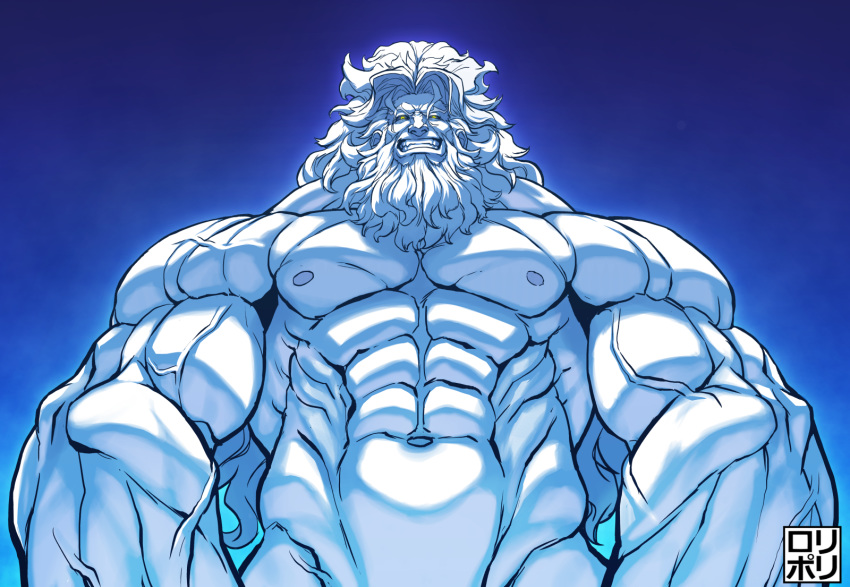 1boy, abs, aura, bara, bare_chest, beard, blue_sclera, chest