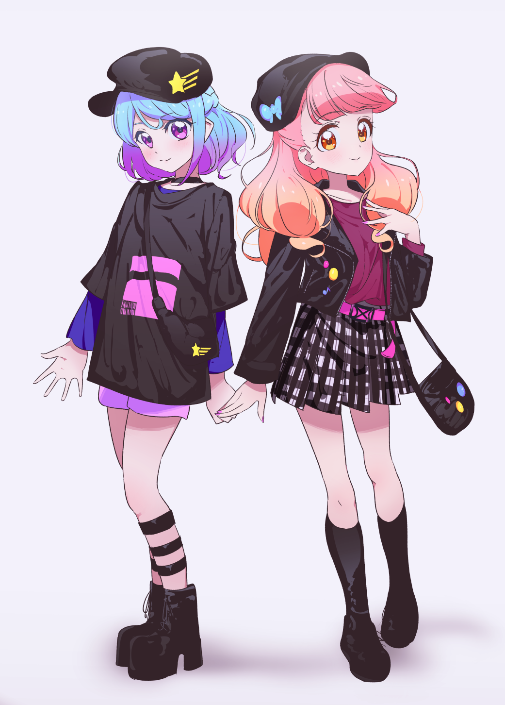 2girls, aikatsu!_(series), aikatsu_friends!, ankle_boots, bag, belt, black_choker, black_footwear