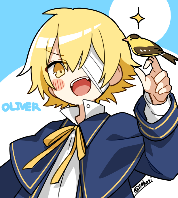 1boy, bandage_over_one_eye, bird, blonde_hair, blue_capelet, blue_jacket, blush_stickers, capelet
