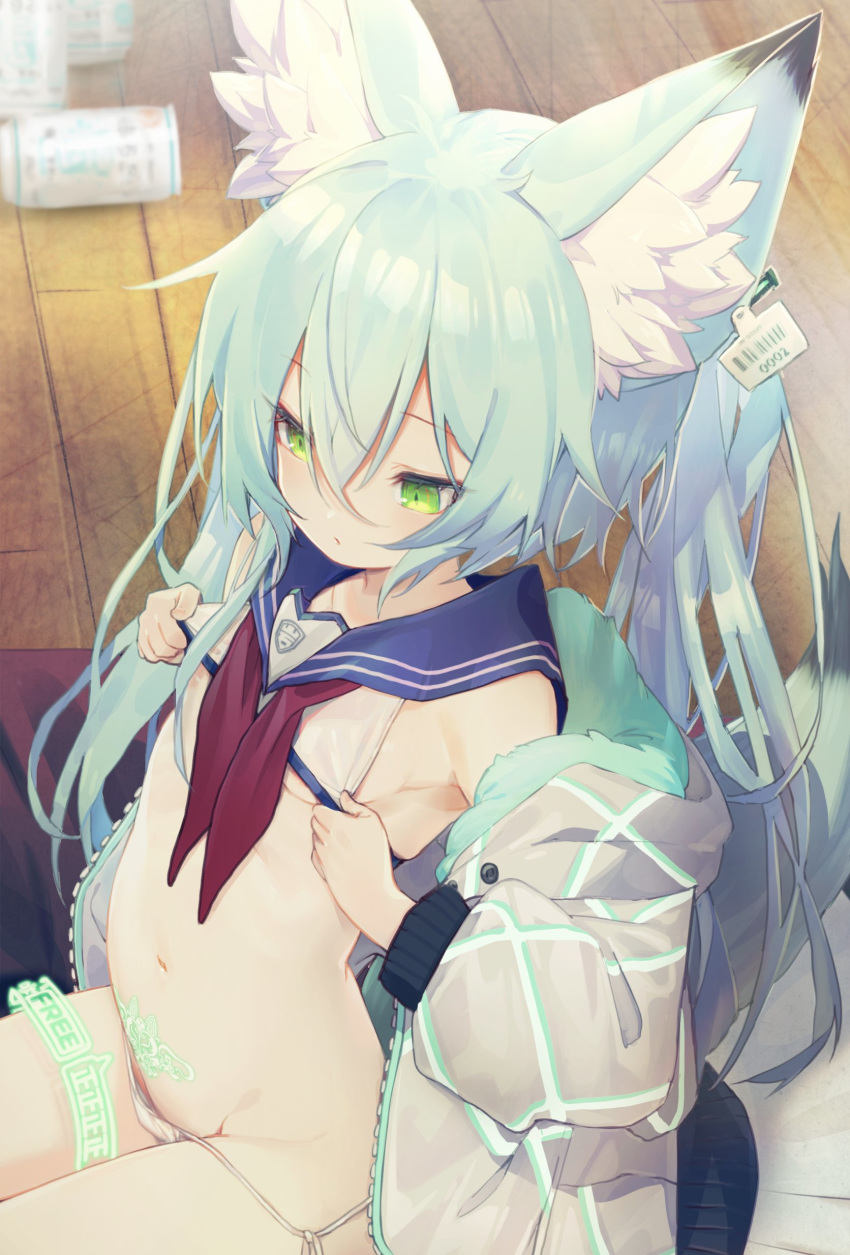 1girl, absurdres, animal_ear_fluff, animal_ears, aqua_hair, bikini, can, commentary_request, commission, ear_tag, flat_chest, green_eyes, hair_between_eyes, highres, koza_game, long_hair, lowleg, lowleg_bikini, micro_bikini, navel, neckerchief, original, pubic_tattoo, red_neckwear, sailor_collar, sitting, solo, stomach, string_bikini, swimsuit, tattoo, twintails, very_long_hair, white_bikini, wooden_floor
