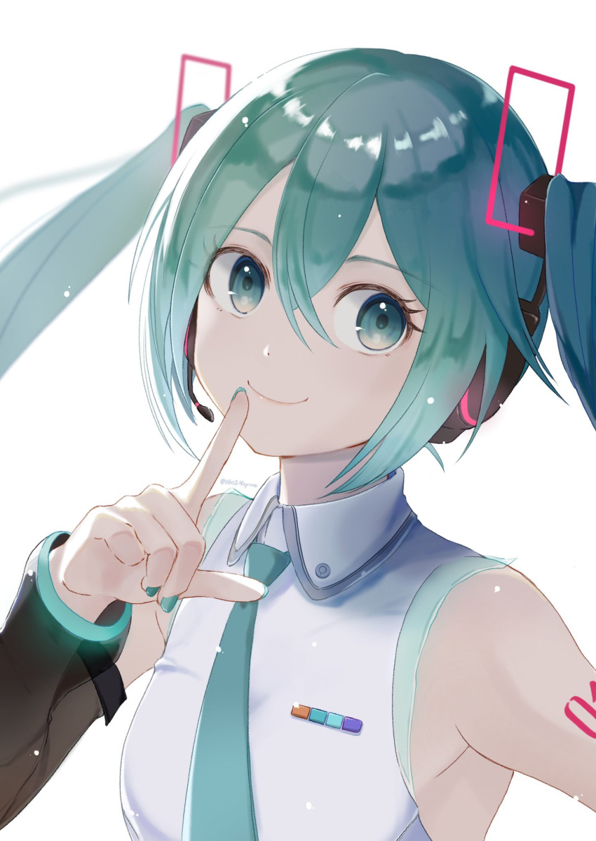 1girl, aqua_eyes, aqua_hair, aqua_nails, aqua_neckwear, armpits, bare_shoulders, black_sleeves