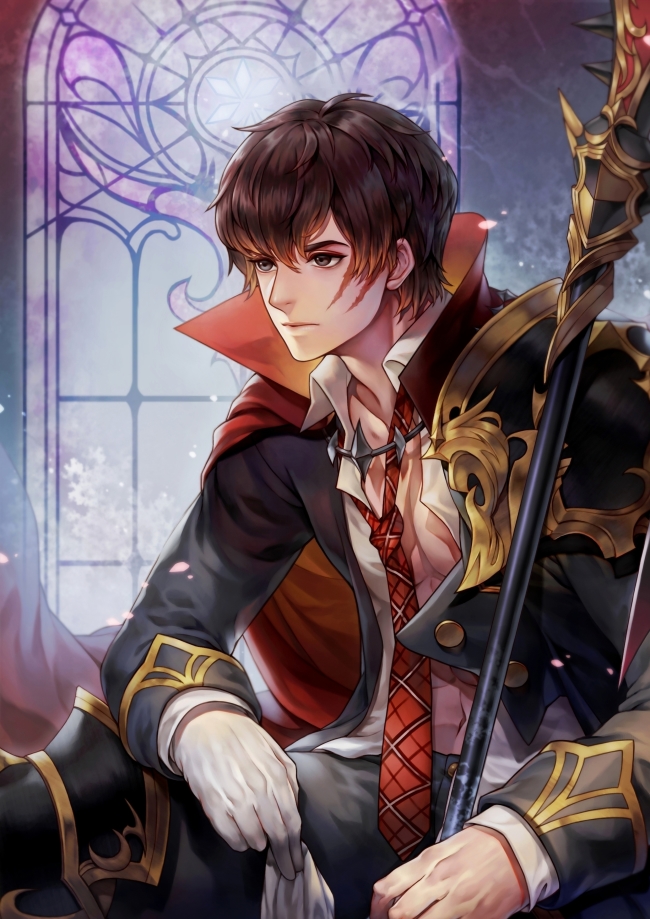 1boy, armor, brown_hair, character_request, facial_scar, gloves, gloves_removed, gold_trim, male_focus, necktie, open_clothes, open_shirt, plaid_neckwear, polearm, popped_collar, red_neckwear, scar, seven_knights, shoulder_armor, sitting, solo, spear, weapon, white_gloves, window, winter_(winter168883)