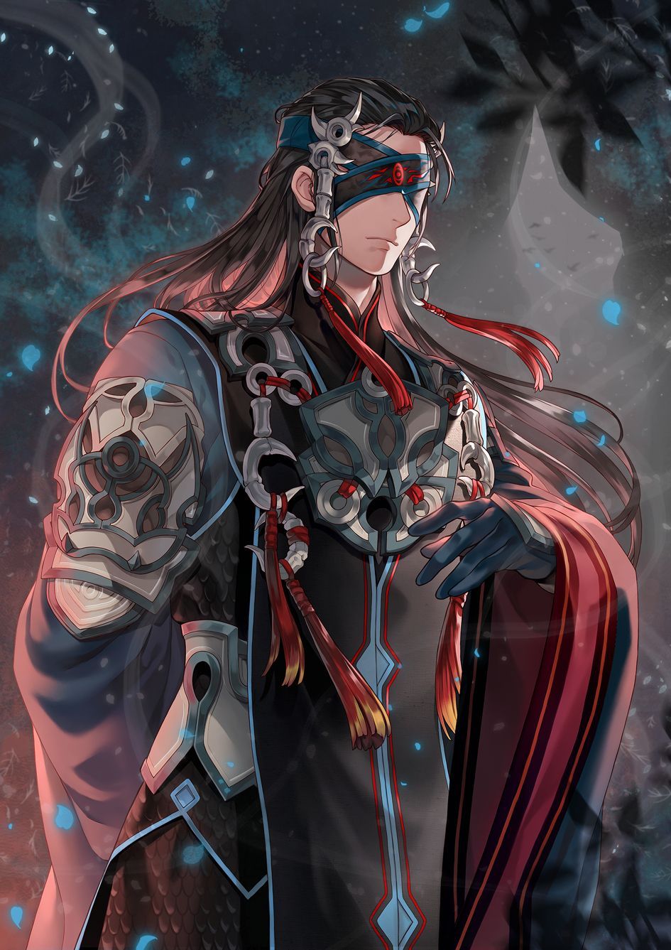 1boy, black_gloves, black_hair, blindfold, covered_eyes, facing_viewer, gloves, gu_jian_qi_tan