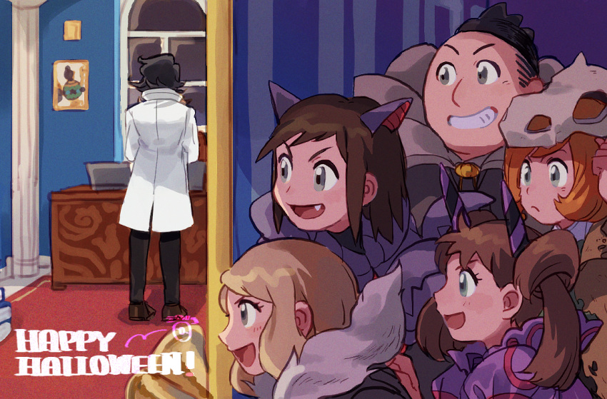 2girls, 4boys, black_hair, blonde_hair, brown_footwear, brown_hair, calem_(pokemon), commentary_request