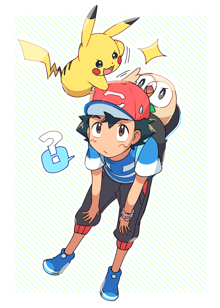 1boy, ?, ame_(ame025), ash_ketchum, backpack, bag, bangs, baseball_cap