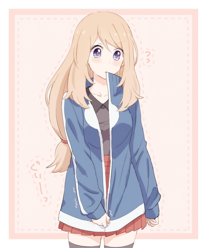 1girl, arm_at_side, bangs, blonde_hair, blue_jacket, calem_(pokemon), calem_(pokemon)_(cosplay), collarbone